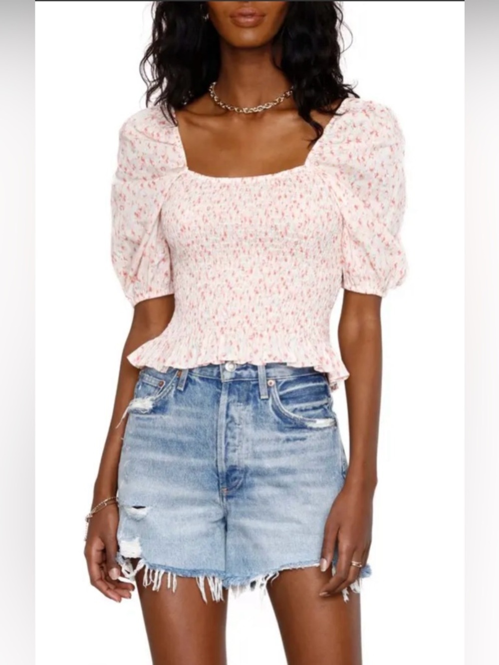 Heartloom Smocked Square-Neck Puff Sleeve Top in Light‎ Peach Floral size Small